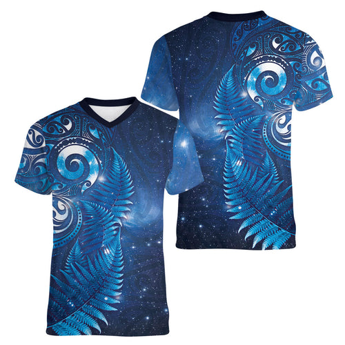 Aotearoa New Zealand New Year Women V-Neck T-Shirt Tribal Koru Tattoo Blue Galaxy Maori Silver Fern