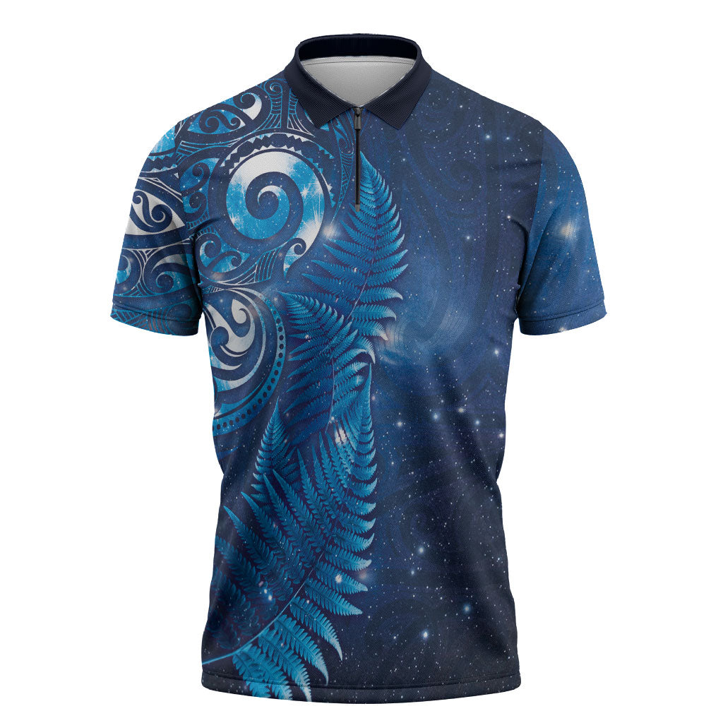 Aotearoa New Zealand New Year Zipper Polo Shirt Tribal Koru Tattoo Blue Galaxy Maori Silver Fern