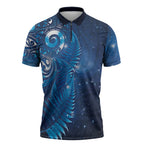 Aotearoa New Zealand New Year Zipper Polo Shirt Tribal Koru Tattoo Blue Galaxy Maori Silver Fern