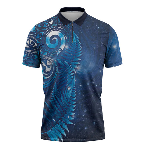 Aotearoa New Zealand New Year Zipper Polo Shirt Tribal Koru Tattoo Blue Galaxy Maori Silver Fern