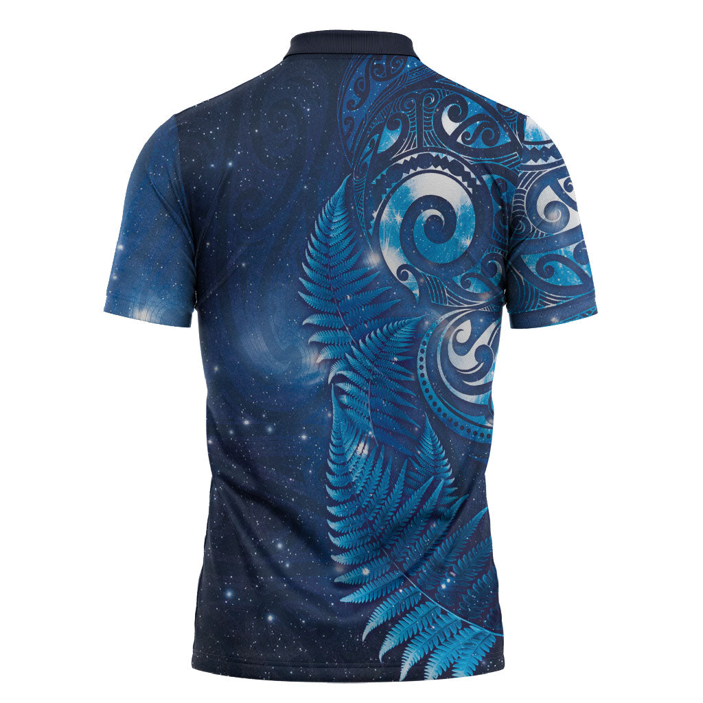 Aotearoa New Zealand New Year Zipper Polo Shirt Tribal Koru Tattoo Blue Galaxy Maori Silver Fern