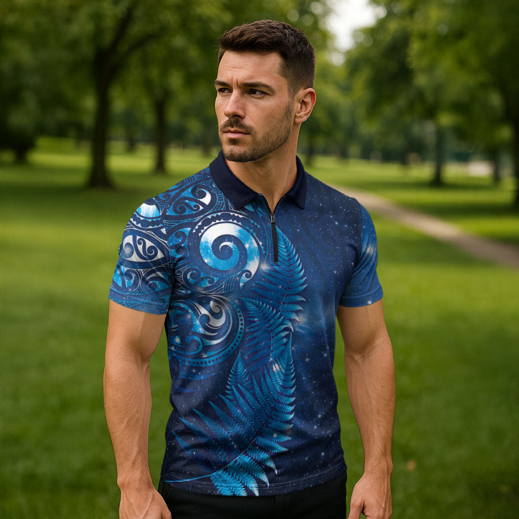 Aotearoa New Zealand New Year Zipper Polo Shirt Tribal Koru Tattoo Blue Galaxy Maori Silver Fern