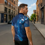 Aotearoa New Zealand New Year Zipper Polo Shirt Tribal Koru Tattoo Blue Galaxy Maori Silver Fern