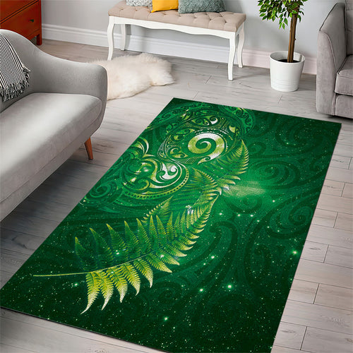 Aotearoa New Zealand New Year Area Rug Tribal Koru Tattoo Green Galaxy Maori Silver Fern