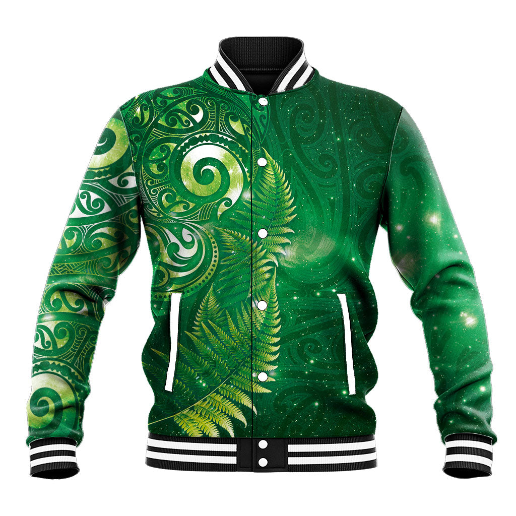 Aotearoa New Zealand New Year Baseball Jacket Tribal Koru Tattoo Green Galaxy Maori Silver Fern