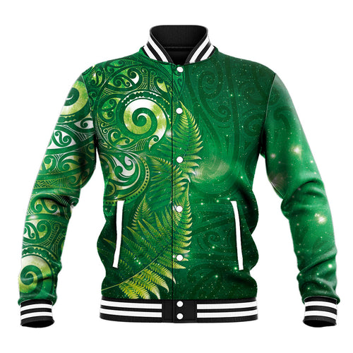 Aotearoa New Zealand New Year Baseball Jacket Tribal Koru Tattoo Green Galaxy Maori Silver Fern