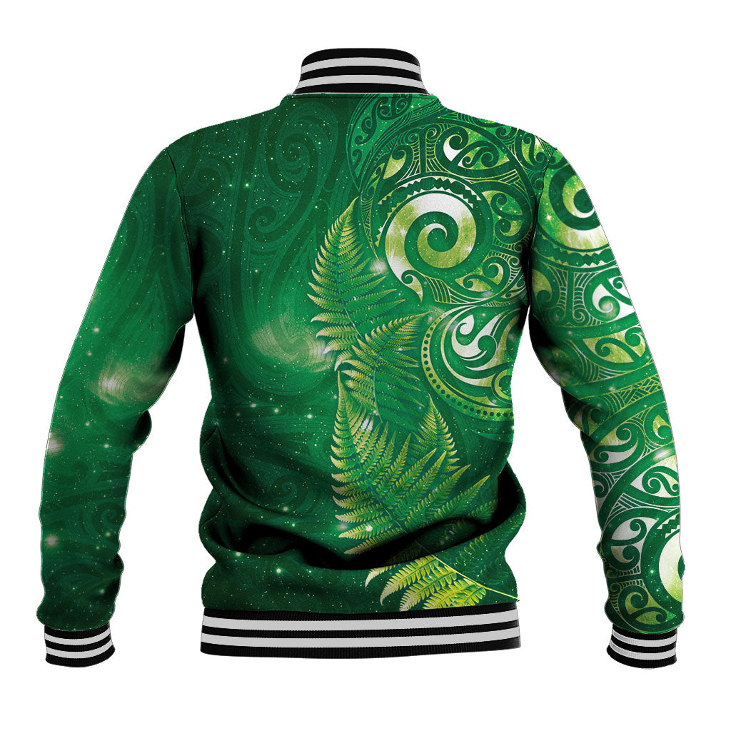 Aotearoa New Zealand New Year Baseball Jacket Tribal Koru Tattoo Green Galaxy Maori Silver Fern