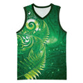 Aotearoa New Zealand New Year Basketball Jersey Tribal Koru Tattoo Green Galaxy Maori Silver Fern