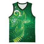 Aotearoa New Zealand New Year Basketball Jersey Tribal Koru Tattoo Green Galaxy Maori Silver Fern