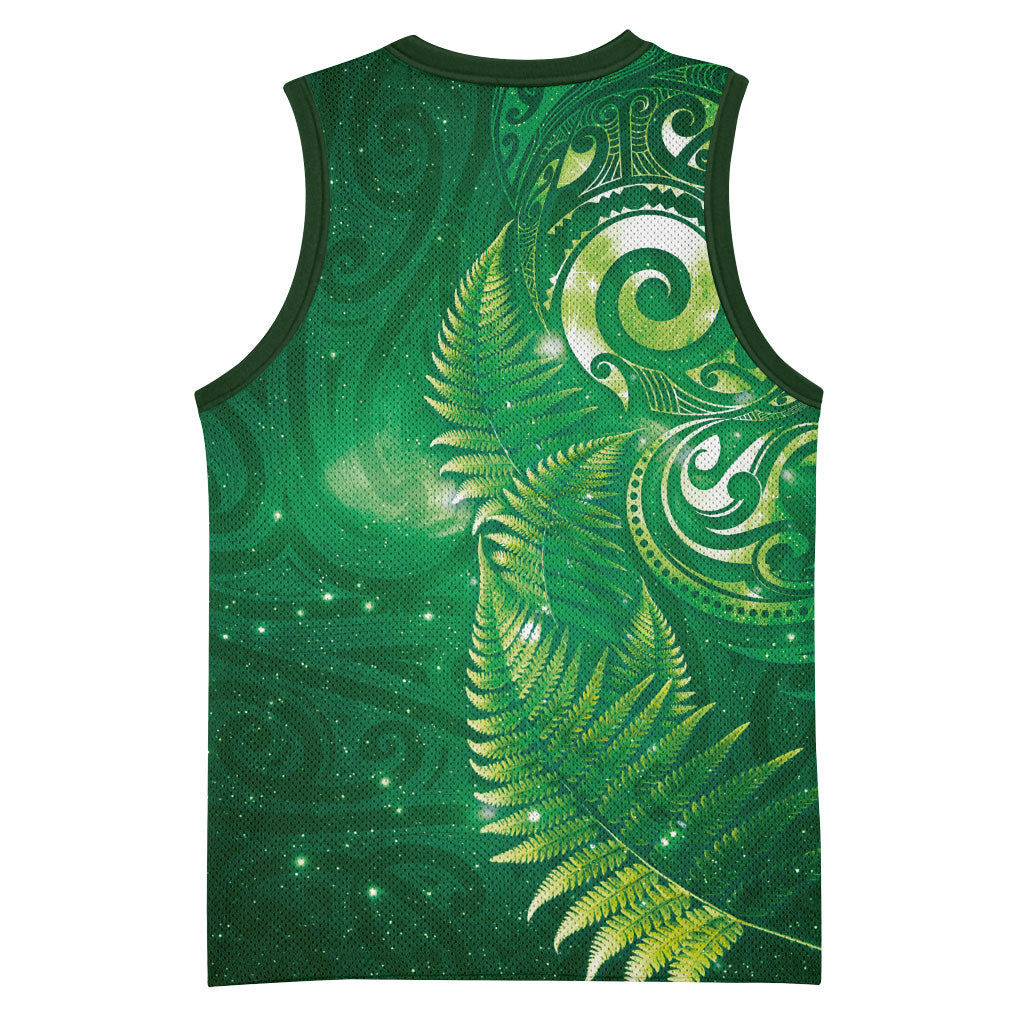 Aotearoa New Zealand New Year Basketball Jersey Tribal Koru Tattoo Green Galaxy Maori Silver Fern