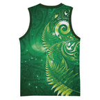 Aotearoa New Zealand New Year Basketball Jersey Tribal Koru Tattoo Green Galaxy Maori Silver Fern