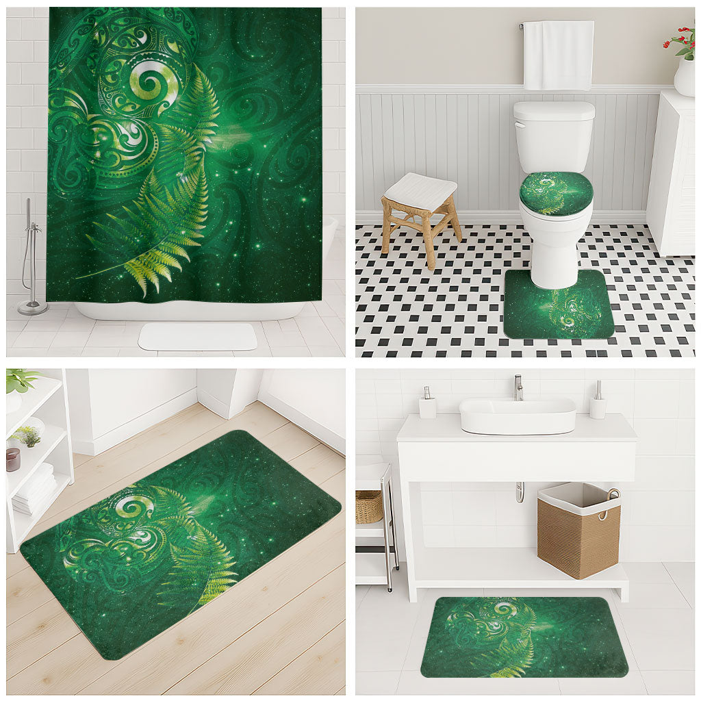 Aotearoa New Zealand New Year Bathroom Set Tribal Koru Tattoo Green Galaxy Maori Silver Fern