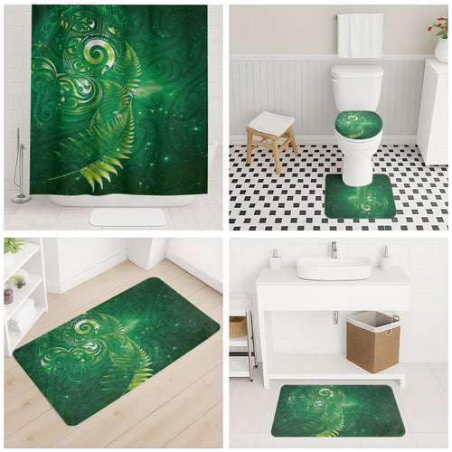 Aotearoa New Zealand New Year Bathroom Set Tribal Koru Tattoo Green Galaxy Maori Silver Fern