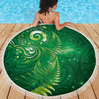Aotearoa New Zealand New Year Beach Blanket Tribal Koru Tattoo Green Galaxy Maori Silver Fern