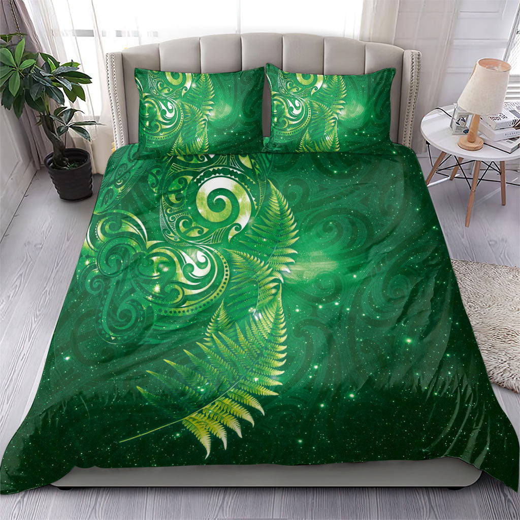 Aotearoa New Zealand New Year Bedding Set Tribal Koru Tattoo Green Galaxy Maori Silver Fern