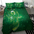 Aotearoa New Zealand New Year Bedding Set Tribal Koru Tattoo Green Galaxy Maori Silver Fern