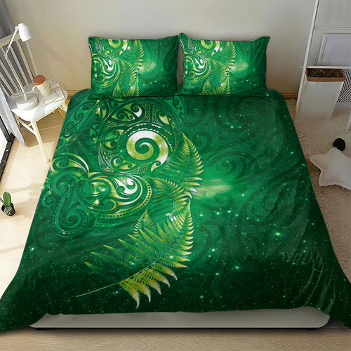 Aotearoa New Zealand New Year Bedding Set Tribal Koru Tattoo Green Galaxy Maori Silver Fern