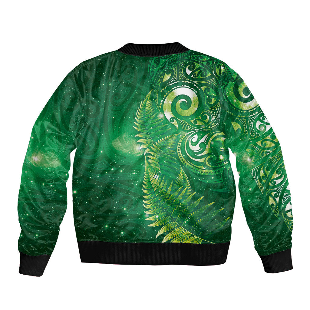 Aotearoa New Zealand New Year Bomber Jacket Tribal Koru Tattoo Green Galaxy Maori Silver Fern