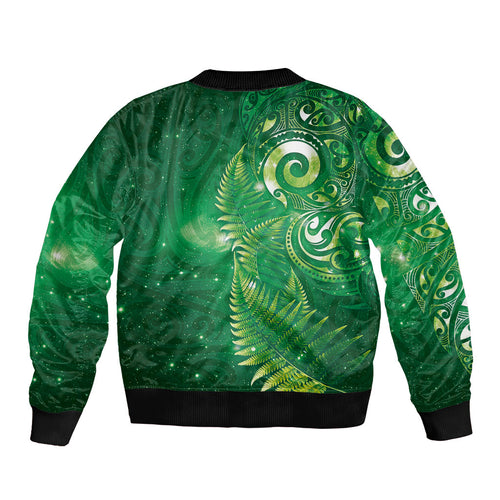 Aotearoa New Zealand New Year Bomber Jacket Tribal Koru Tattoo Green Galaxy Maori Silver Fern