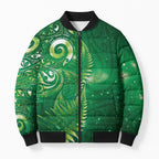 Aotearoa New Zealand New Year Bomber Puffer Jacket Tribal Koru Tattoo Green Galaxy Maori Silver Fern
