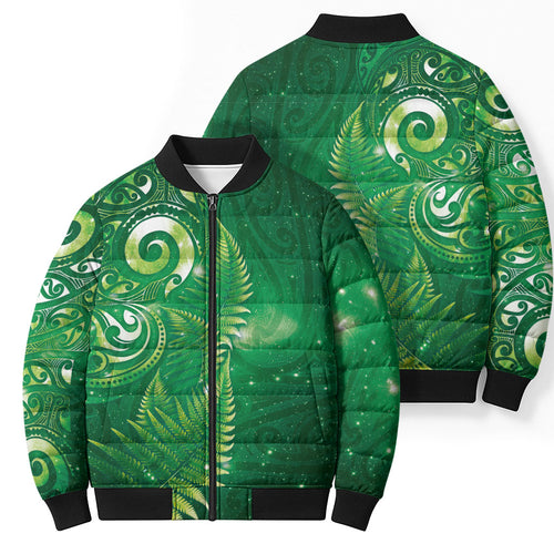 Aotearoa New Zealand New Year Bomber Puffer Jacket Tribal Koru Tattoo Green Galaxy Maori Silver Fern