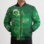 Aotearoa New Zealand New Year Bomber Puffer Jacket Tribal Koru Tattoo Green Galaxy Maori Silver Fern