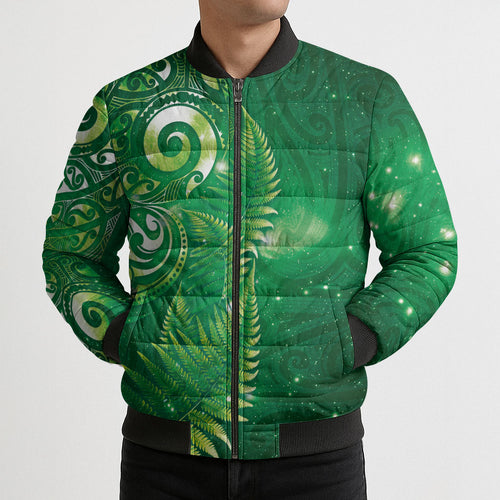 Aotearoa New Zealand New Year Bomber Puffer Jacket Tribal Koru Tattoo Green Galaxy Maori Silver Fern