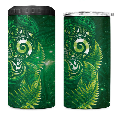 Aotearoa New Zealand New Year 4 in 1 Can Cooler Tumbler Tribal Koru Tattoo Green Galaxy Maori Silver Fern