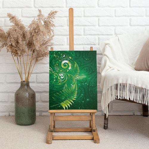 Aotearoa New Zealand New Year Canvas Wall Art Tribal Koru Tattoo Green Galaxy Maori Silver Fern