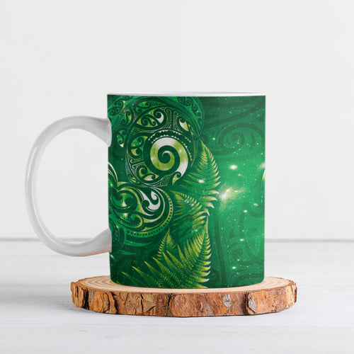 Aotearoa New Zealand New Year Ceramic Mug Tribal Koru Tattoo Green Galaxy Maori Silver Fern