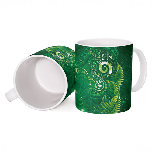 Aotearoa New Zealand New Year Ceramic Mug Tribal Koru Tattoo Green Galaxy Maori Silver Fern