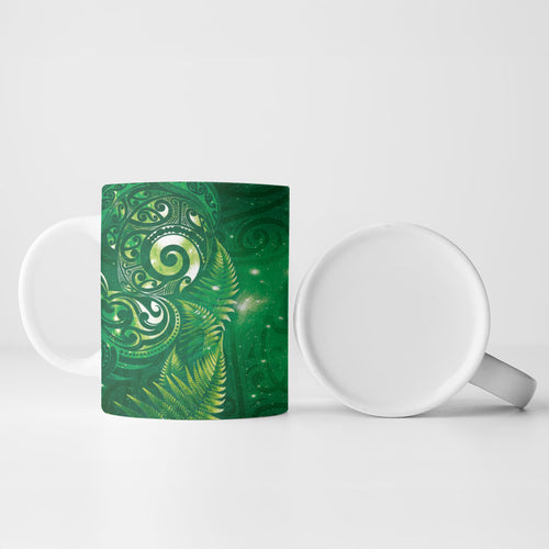 Aotearoa New Zealand New Year Ceramic Mug Tribal Koru Tattoo Green Galaxy Maori Silver Fern