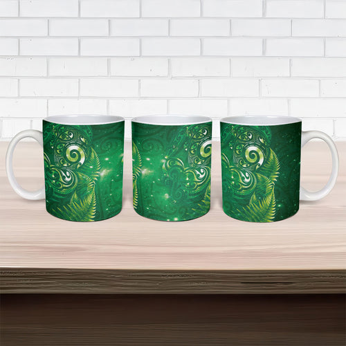 Aotearoa New Zealand New Year Ceramic Mug Tribal Koru Tattoo Green Galaxy Maori Silver Fern