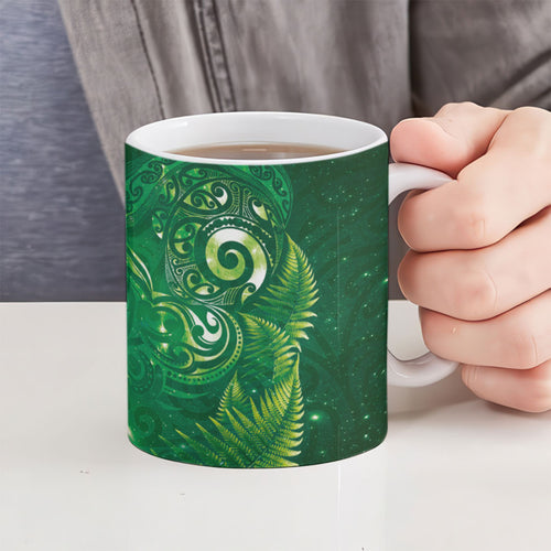 Aotearoa New Zealand New Year Ceramic Mug Tribal Koru Tattoo Green Galaxy Maori Silver Fern