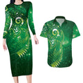 Aotearoa New Zealand New Year Couples Matching Long Sleeve Bodycon Dress and Hawaiian Shirt Tribal Koru Tattoo Green Galaxy Maori Silver Fern