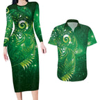 Aotearoa New Zealand New Year Couples Matching Long Sleeve Bodycon Dress and Hawaiian Shirt Tribal Koru Tattoo Green Galaxy Maori Silver Fern
