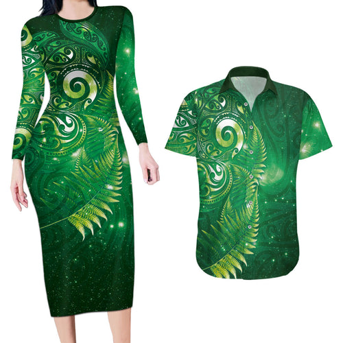 Aotearoa New Zealand New Year Couples Matching Long Sleeve Bodycon Dress and Hawaiian Shirt Tribal Koru Tattoo Green Galaxy Maori Silver Fern