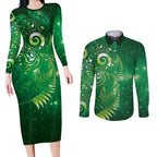 Aotearoa New Zealand New Year Couples Matching Long Sleeve Bodycon Dress and Long Sleeve Button Shirt Tribal Koru Tattoo Green Galaxy Maori Silver Fern