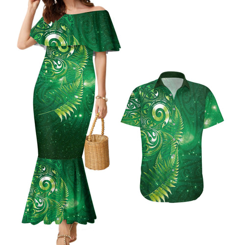 Aotearoa New Zealand New Year Couples Matching Mermaid Dress and Hawaiian Shirt Tribal Koru Tattoo Green Galaxy Maori Silver Fern