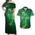 Aotearoa New Zealand New Year Couples Matching Off Shoulder Maxi Dress and Hawaiian Shirt Tribal Koru Tattoo Green Galaxy Maori Silver Fern