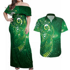 Aotearoa New Zealand New Year Couples Matching Off Shoulder Maxi Dress and Hawaiian Shirt Tribal Koru Tattoo Green Galaxy Maori Silver Fern