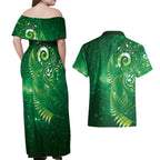 Aotearoa New Zealand New Year Couples Matching Off Shoulder Maxi Dress and Hawaiian Shirt Tribal Koru Tattoo Green Galaxy Maori Silver Fern