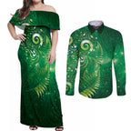 Aotearoa New Zealand New Year Couples Matching Off Shoulder Maxi Dress and Long Sleeve Button Shirt Tribal Koru Tattoo Green Galaxy Maori Silver Fern