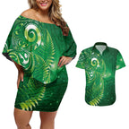 Aotearoa New Zealand New Year Couples Matching Off Shoulder Short Dress and Hawaiian Shirt Tribal Koru Tattoo Green Galaxy Maori Silver Fern