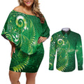 Aotearoa New Zealand New Year Couples Matching Off Shoulder Short Dress and Long Sleeve Button Shirt Tribal Koru Tattoo Green Galaxy Maori Silver Fern
