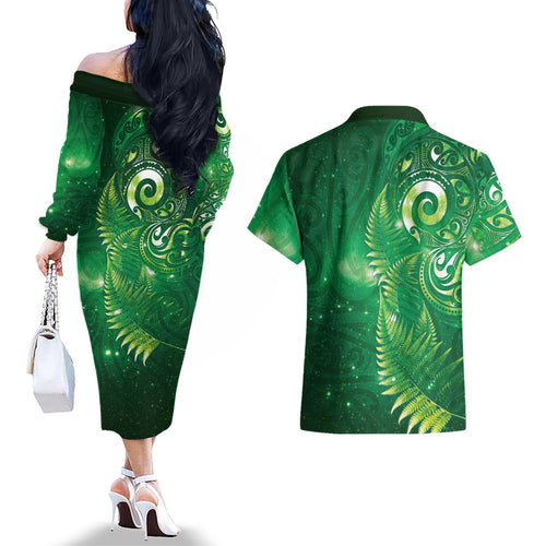 Aotearoa New Zealand New Year Couples Matching Off The Shoulder Long Sleeve Dress and Hawaiian Shirt Tribal Koru Tattoo Green Galaxy Maori Silver Fern
