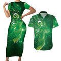 Aotearoa New Zealand New Year Couples Matching Short Sleeve Bodycon Dress and Hawaiian Shirt Tribal Koru Tattoo Green Galaxy Maori Silver Fern