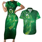 Aotearoa New Zealand New Year Couples Matching Short Sleeve Bodycon Dress and Hawaiian Shirt Tribal Koru Tattoo Green Galaxy Maori Silver Fern