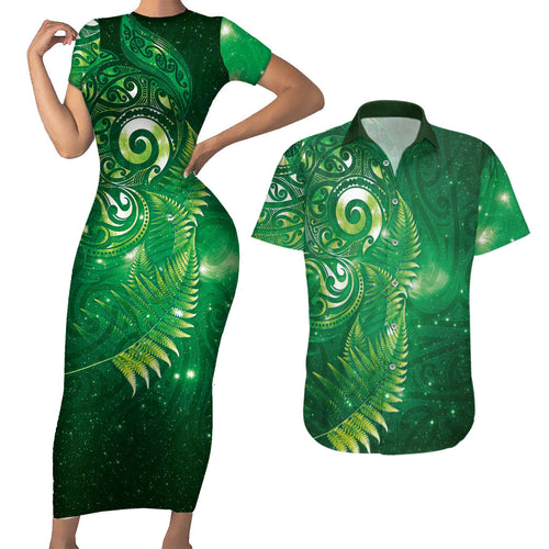 Aotearoa New Zealand New Year Couples Matching Short Sleeve Bodycon Dress and Hawaiian Shirt Tribal Koru Tattoo Green Galaxy Maori Silver Fern