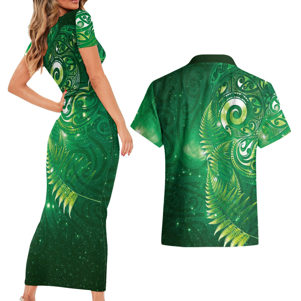 Aotearoa New Zealand New Year Couples Matching Short Sleeve Bodycon Dress and Hawaiian Shirt Tribal Koru Tattoo Green Galaxy Maori Silver Fern